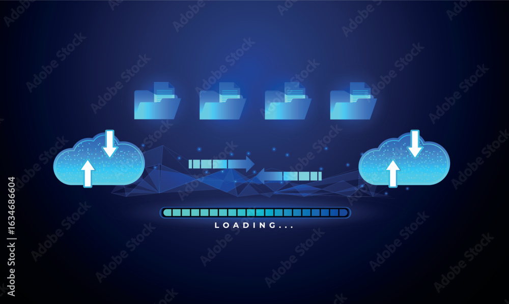 Poster clouds data transfer server, folders and file document cloud backup archive system. glowing futurist