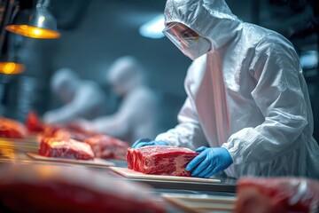 Meat handling safety gloves and suit worn by workers in a processing facility ensuring hygiene and quality of meat products during evening operations