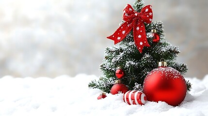 Festive christmas tree adorned with ornaments and snow.