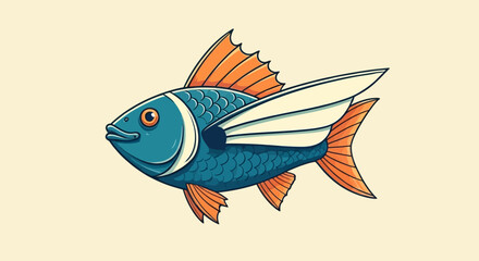 A stylized illustration of a vibrant blue flying fish with orange and white fins.