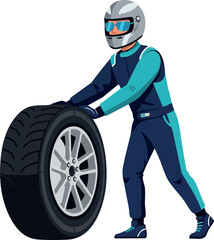 Race car driver pushing large tire in racing suit and helmet vector illustration 