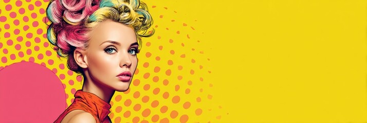 Obraz premium Vibrant Pop Art Portrayal of a Model With a Retro 70s Hairstyle, Showcasing Bold Colors in a Striking Visual Setting