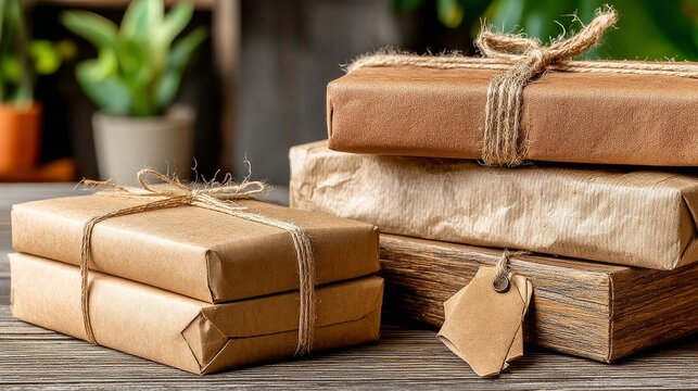 Several wrapped packages with twine bows arranged on a rustic wooden surface,