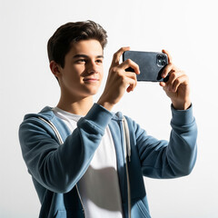 Fototapeta premium young man taking a picture with his mobile phone isolated on white background. Teenager taking pictures with his smartphone isolated on white background.