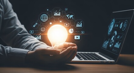 Innovative Digital Strategy and Data Analysis Concept with Lightbulb and Laptop  Business Growth and Technology Solutions for Success