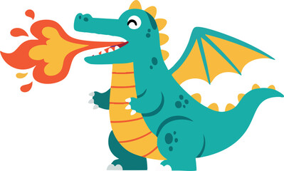 Obraz premium Cartoon dragon breathing fire with yellow wings and orange flames vector illustration 