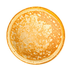 Perfectly round pancake with golden edges, fluffy texture, and light brown color, top view on transparency background, inviting and delicious