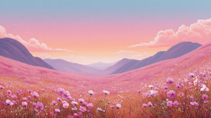 Pink wildflower valley with soft golden sunset and distant mountain landscape