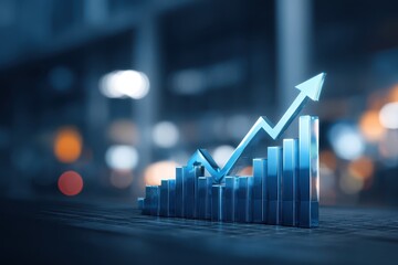 Business data diagram illustrates upward market trends with a blue growth graph on a blurred background displaying urban lights