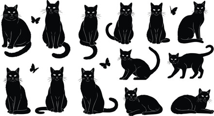 Cat silhouettes, butterfly icons, black vector, feline poses, playful design, sitting cats, lying cats, whimsical animals, pet illustration
