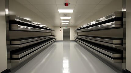 Multiple stainless steel shelves line a hallway.