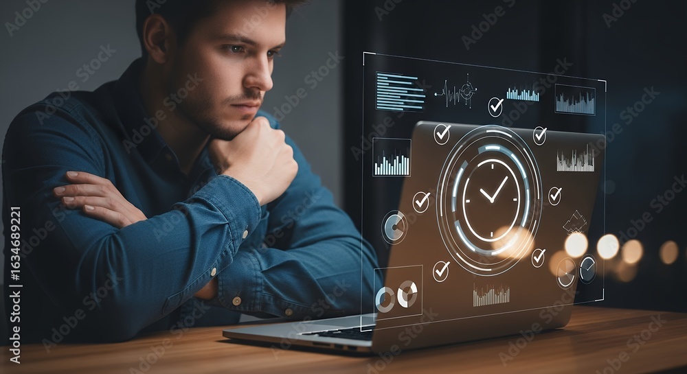 Poster man analyzing data on laptop with futuristic interface overlay business analytics and technology sto