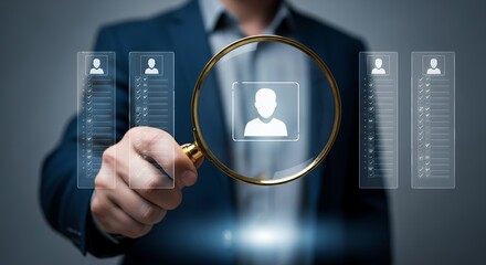 Man Examining Profile Data with Magnifying Glass  Backgrounds Business Analysis Recruitment Verification Investigation and Digital Security Concepts