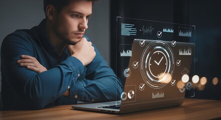 Man Analyzing Data on Laptop with Futuristic Interface Overlay  Business Analytics and Technology Stock Photo for Reports and Presentations