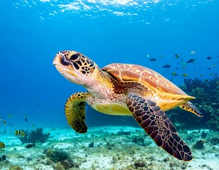 Obraz premium A magnificent sea turtle glides gracefully through the crystal-clear turquoise waters of the ocean, swimming above a sandy seafloor with small fish.