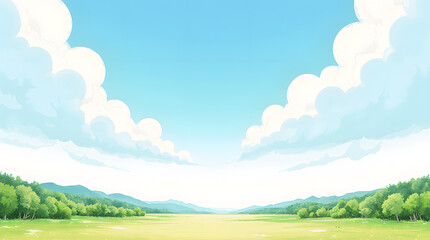 Obraz premium Tranquil Meadow under a Clear Sky: An expansive view of a lush green meadow unfolds beneath a bright blue sky dotted with fluffy white clouds. Perfect for a feeling of freedom.