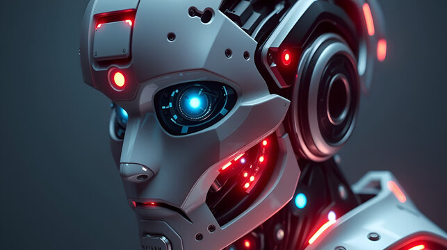 Futuristic robot head displaying intricate design features and soft glowing elements for effect - Powered by Adobe