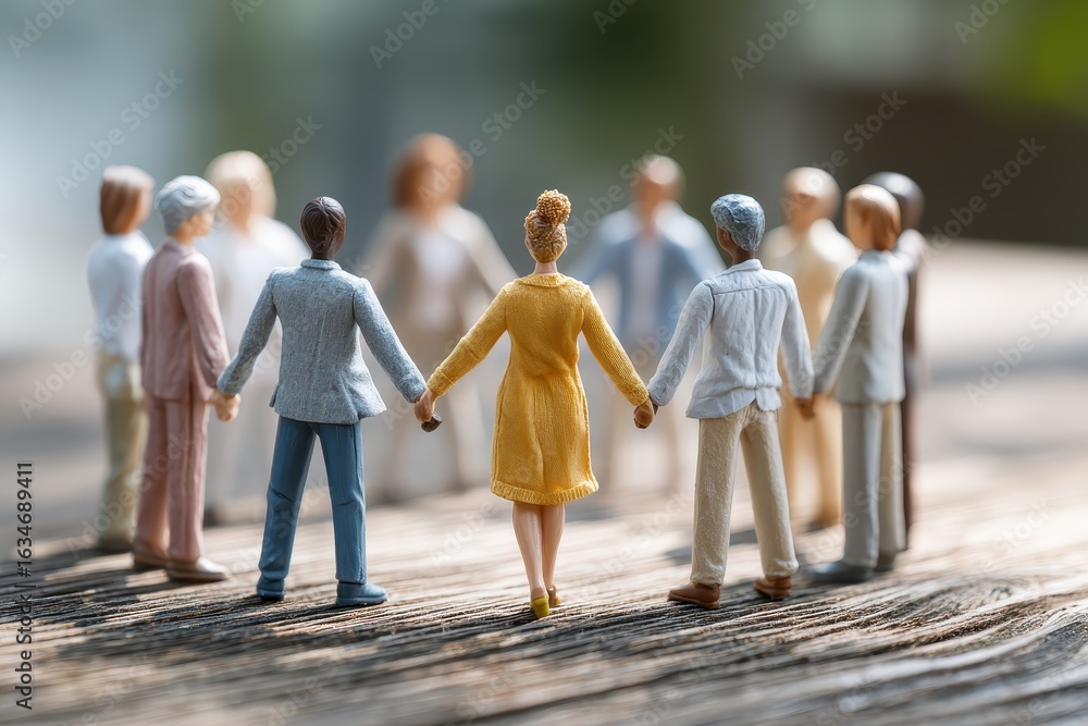 Poster teamwork and unity emphasized through miniature figurines holding hands in a collaborative circle on