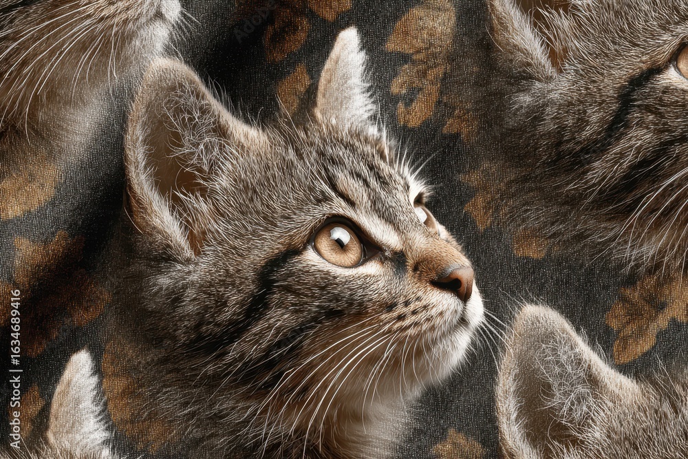 Poster cat digital fabric design featuring distinct feline faces on an intricate textured background suitab