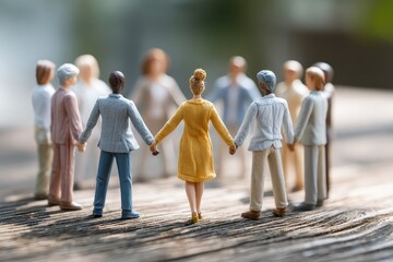 Teamwork and unity emphasized through miniature figurines holding hands in a collaborative circle on a wooden surface in an outdoor setting during daylight