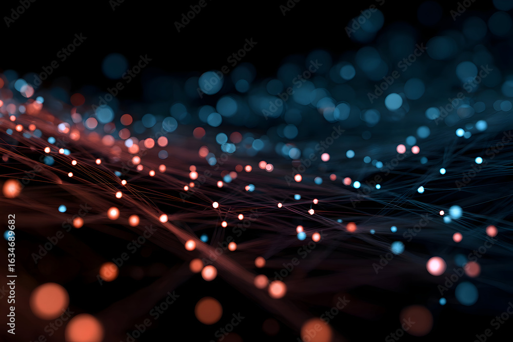 Poster luminous digital network of contrasting orange and teal data streams.