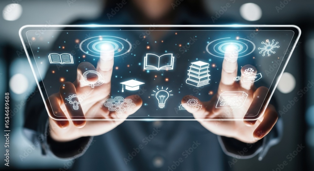 Poster person s hands interacting with a futuristic holographic display showcasing educational icons and di