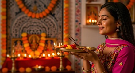 Indian woman with her eyes closed, holding a puja thali with flowers and diyas, performing a traditional worship ceremony