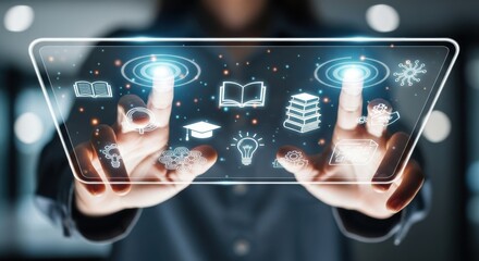 Person s hands interacting with a futuristic holographic display showcasing educational icons and digital learning concepts with glowing blue interfaces