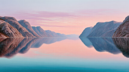 Serene fjord with calm water reflecting pastel sunset light and rugged mountain landscape