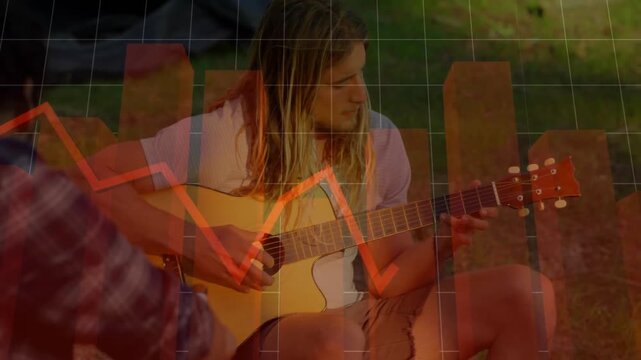 Guitarist lifting guitar strumming chords in music showing red graph pulsing grid syncing tempo