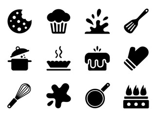 Black Bakery and Dessert Icon Set – Cupcakes, Cookies, Coffee, and Oven Vector Silhouettes