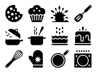 Black Bakery and Dessert Icon Set – Cupcakes, Cookies, Coffee, and Oven Vector Silhouettes