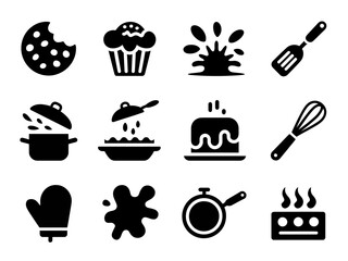 Black Bakery and Dessert Icon Set – Cupcakes, Cookies, Coffee, and Oven Vector Silhouettes