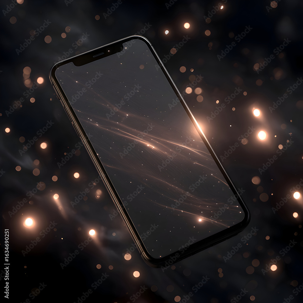 Poster cosmic window: sleek smartphone displaying a galaxy amidst golden bokeh lights.