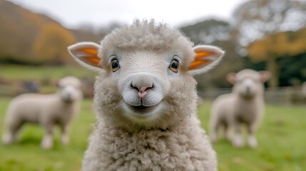 Close-up of a fluffy, happy sheep.