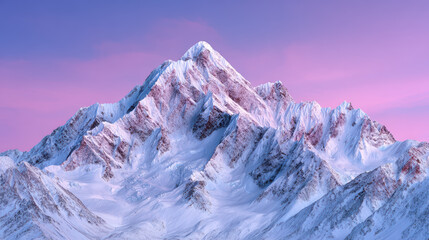 Snow mountain peak with pink sky at sunset creating peaceful and majestic view
