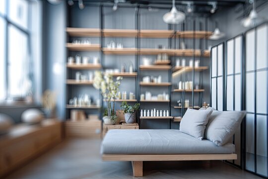 Modern spa interior with wooden shelving and seating