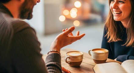 smiling couple having a lively conversation over coffee at a cozy and modern cafe