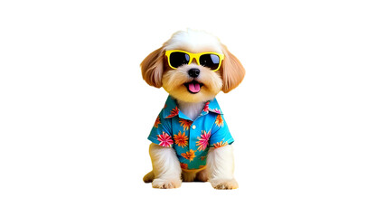 Adorable and cool fluffy puppy sitting happily, dressed in blue floral hawaiian shirt and yellow sunglasses, isolated on transparent background, cut out png - animal summer pet vacation concept
