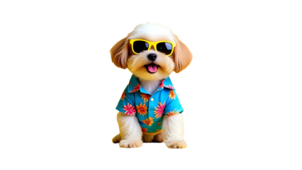 Adorable and cool fluffy puppy sitting happily, dressed in blue floral hawaiian shirt and yellow sunglasses, isolated on transparent background, cut out png - animal summer pet vacation concept