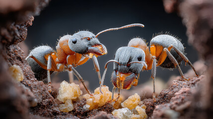 Macro shot of worker ants carrying food in natural environment with detailed texture