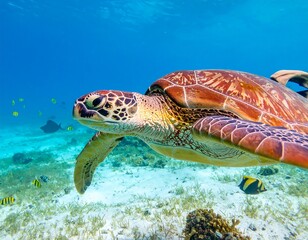 Fototapeta premium A magnificent sea turtle glides gracefully through the crystal-clear turquoise waters of the ocean, swimming above a sandy seafloor with small fish.