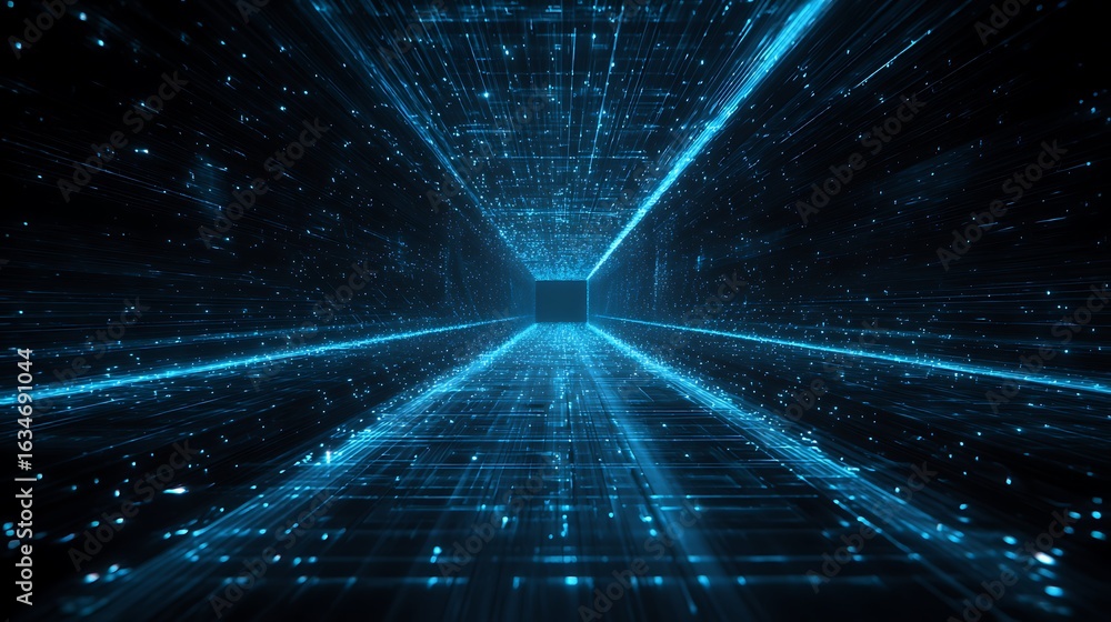 Poster abstract digital network grid tunnel with glowing blue particles flowing through a futuristic scifi 
