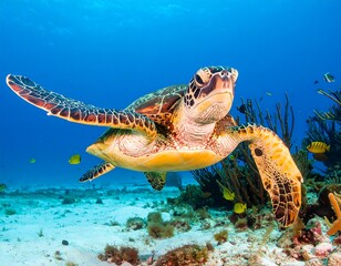 Obraz premium A magnificent sea turtle glides gracefully through the crystal-clear turquoise waters of the ocean, swimming above a sandy seafloor with small fish.