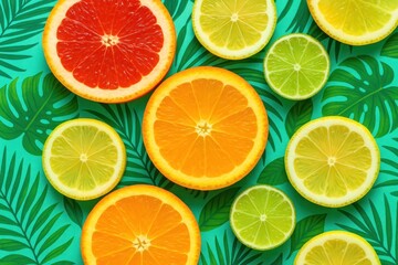 Obraz premium Vibrant citrus slices on leaves