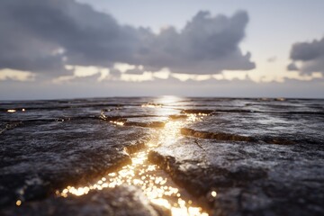 Obraz premium Cracked, dark stone surface reflects a setting sun's golden light, creating a shimmering path towards a hazy horizon under a cloudy sky