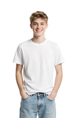 Fototapeta premium Teenage boy wearing white t-shirt and blue jeans, isolated on transparent background