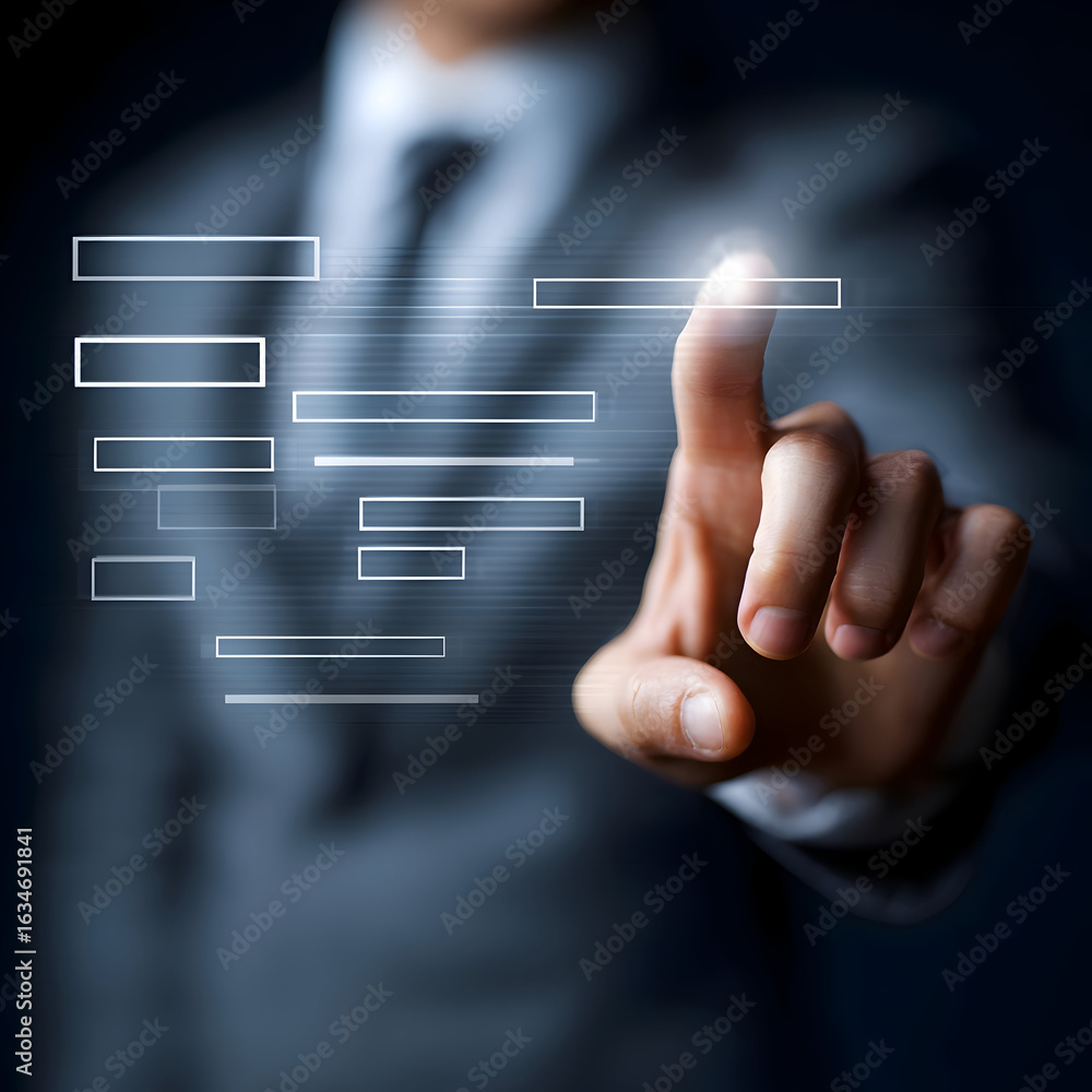 Poster executives touch: activating a glowing option on a futuristic digital interface.
