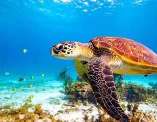 Obraz premium A magnificent sea turtle glides gracefully through the crystal-clear turquoise waters of the ocean, swimming above a sandy seafloor with small fish.