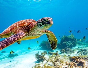Fototapeta premium A magnificent sea turtle glides gracefully through the crystal-clear turquoise waters of the ocean, swimming above a sandy seafloor with small fish.